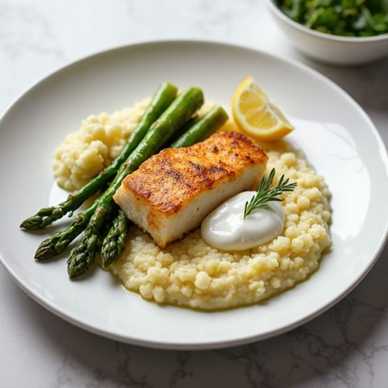Seared Cod Fillet with Roasted Asparagus and Cauliflower Mash