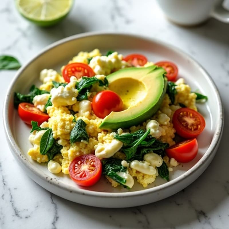 Cottage Cheese Egg White Scramble with Sautéed Spinach, Cherry Tomatoes, and Avocado