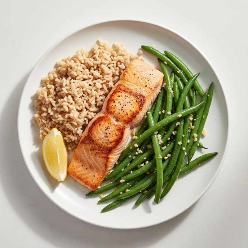 Seared Salmon with Garlic Green Beans and Brown Rice