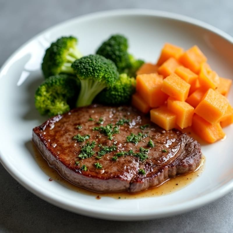 Seared Lean Beef with Roasted Broccoli and Sweet Potato
