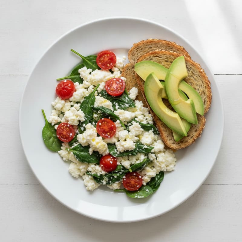 Cottage Cheese Egg White Scramble with Spinach and Cherry Tomatoes
