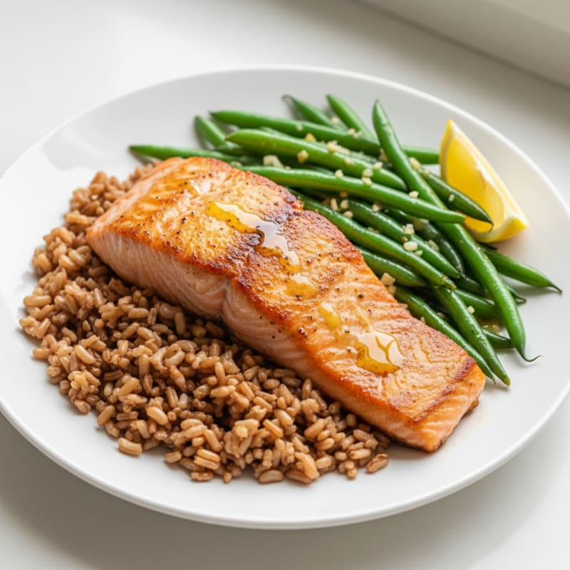 Seared Salmon with Garlic Green Beans and Brown Rice