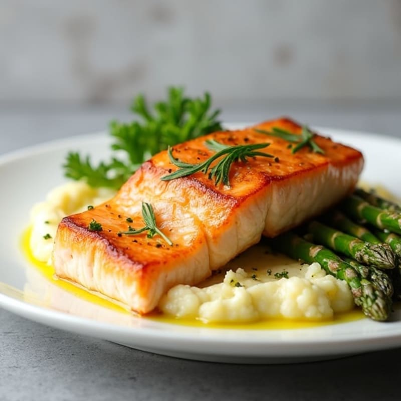 Pan-Seared Salmon with Steamed Asparagus and Cauliflower Mash