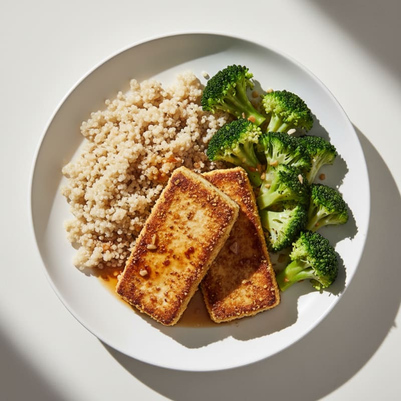 Grilled Tofu Steaks with Steamed Broccoli and Quinoa
