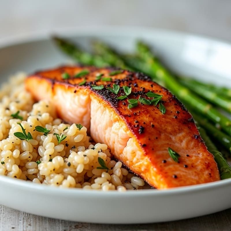Seared Salmon with Steamed Asparagus and Brown Rice