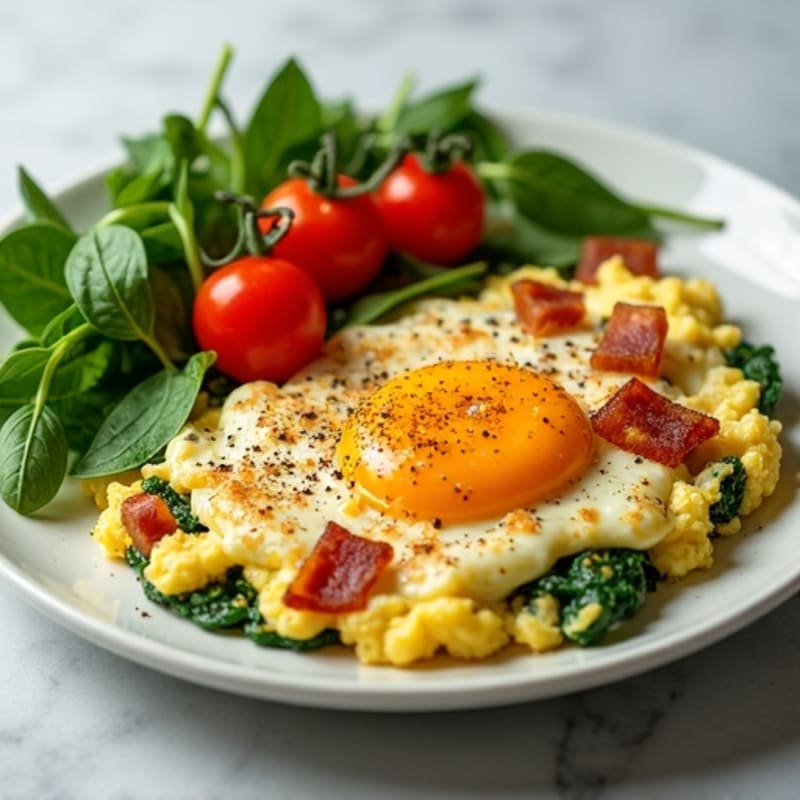 Fluffy Egg White Scramble with Fresh Spinach and Lean Turkey Bacon