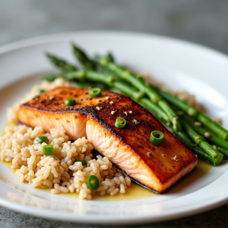 Seared Salmon with Steamed Asparagus and Brown Rice
