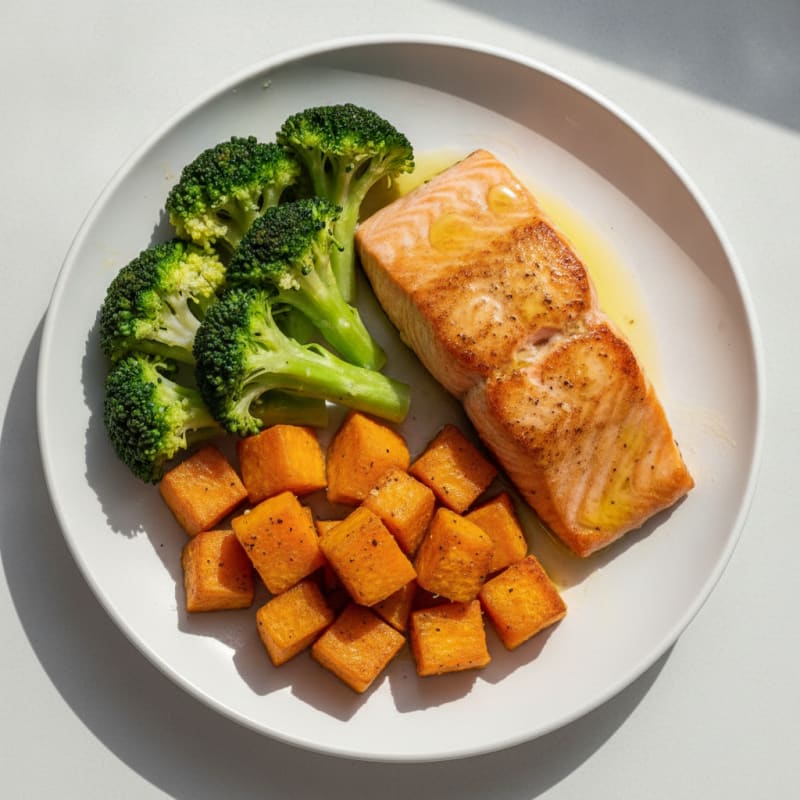 Seared Salmon with Steamed Broccoli and Roasted Sweet Potato