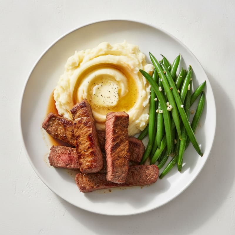 Seared Beef Strips with Garlic Green Beans and Mashed Potatoes
