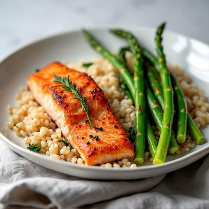 Seared Salmon Fillet with Steamed Asparagus and Brown Rice