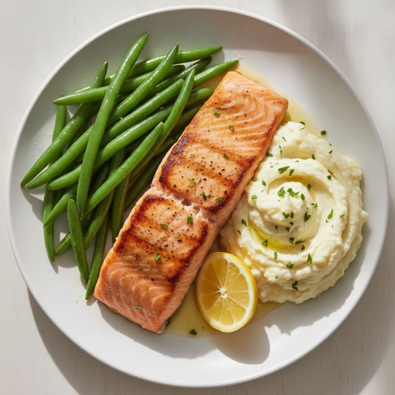 Seared Salmon with Steamed Green Beans and Garlic Mashed Cauliflower