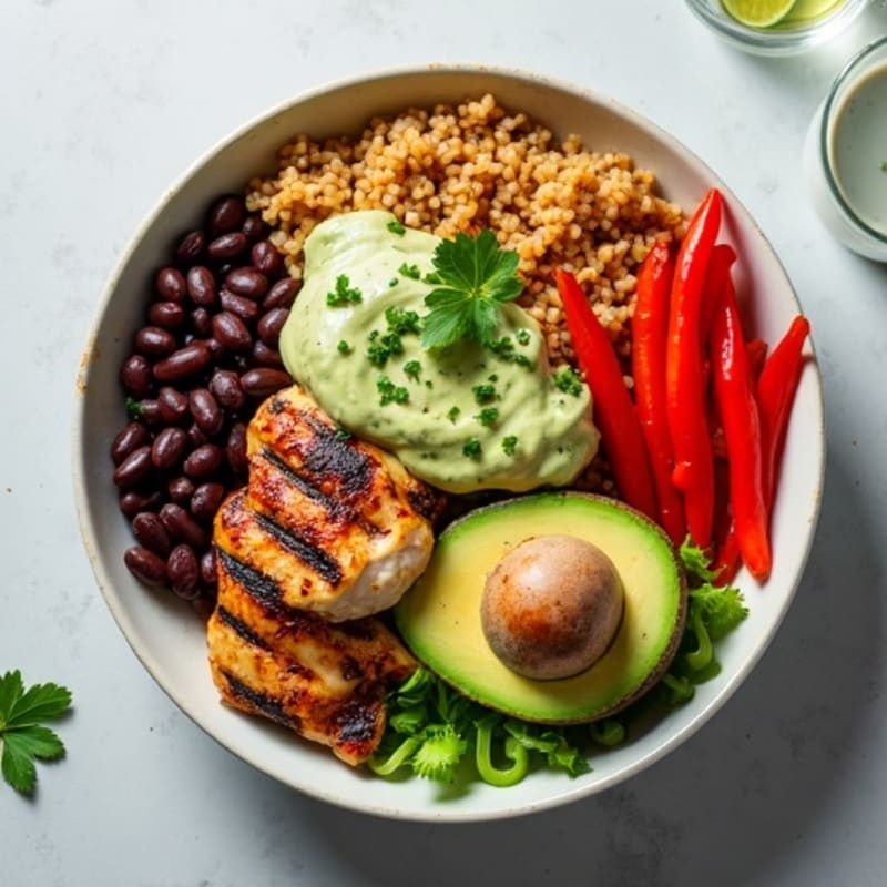 Chili-Lime Grilled Chicken and Black Bean Bowl with Creamy Avocado Dressing