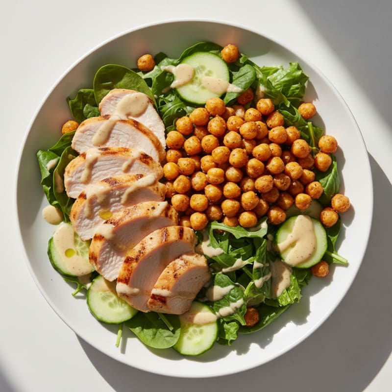 Grilled Turkey Breast Salad with Roasted Chickpeas and Lemon Tahini Dressing