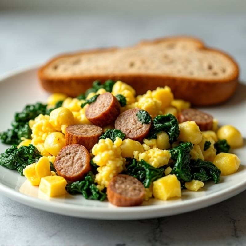 Egg White Scramble with Turkey Sausage and Sautéed Spinach