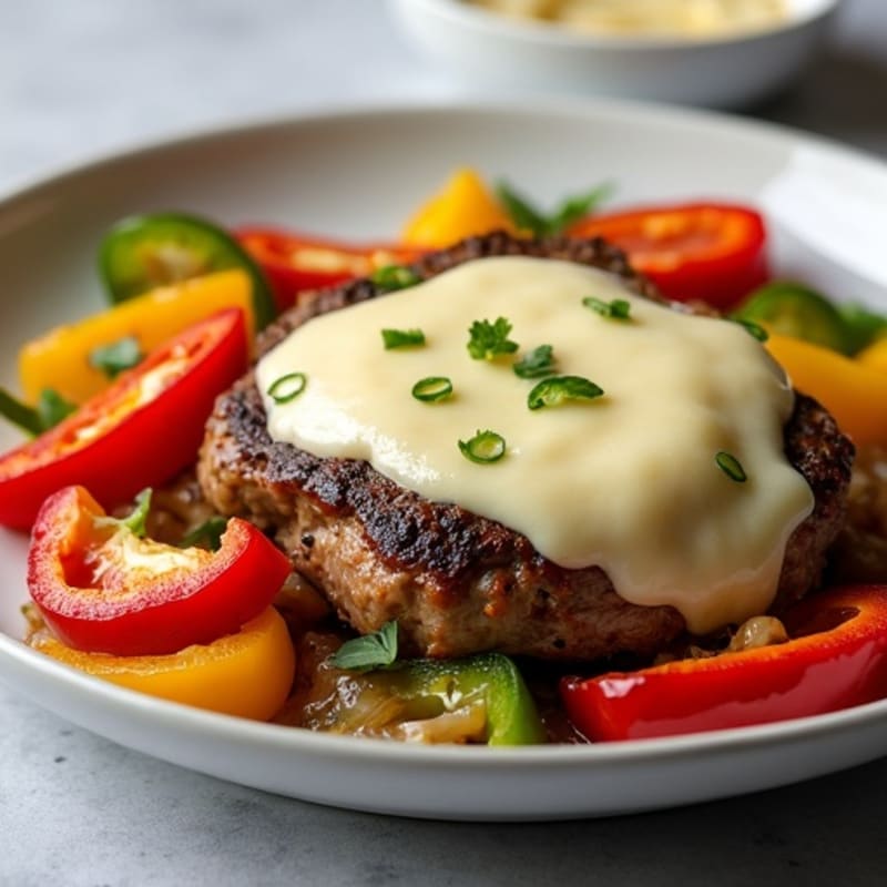 Skillet Seared Lean Beef with Sautéed Peppers, Onions, and Creamy Provolone