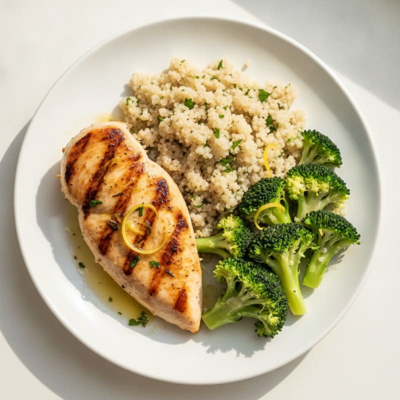 Grilled Chicken Breast with Quinoa and Steamed Broccoli