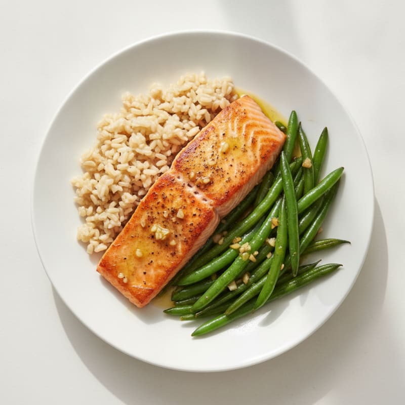 Seared Salmon with Garlic Green Beans and Brown Rice