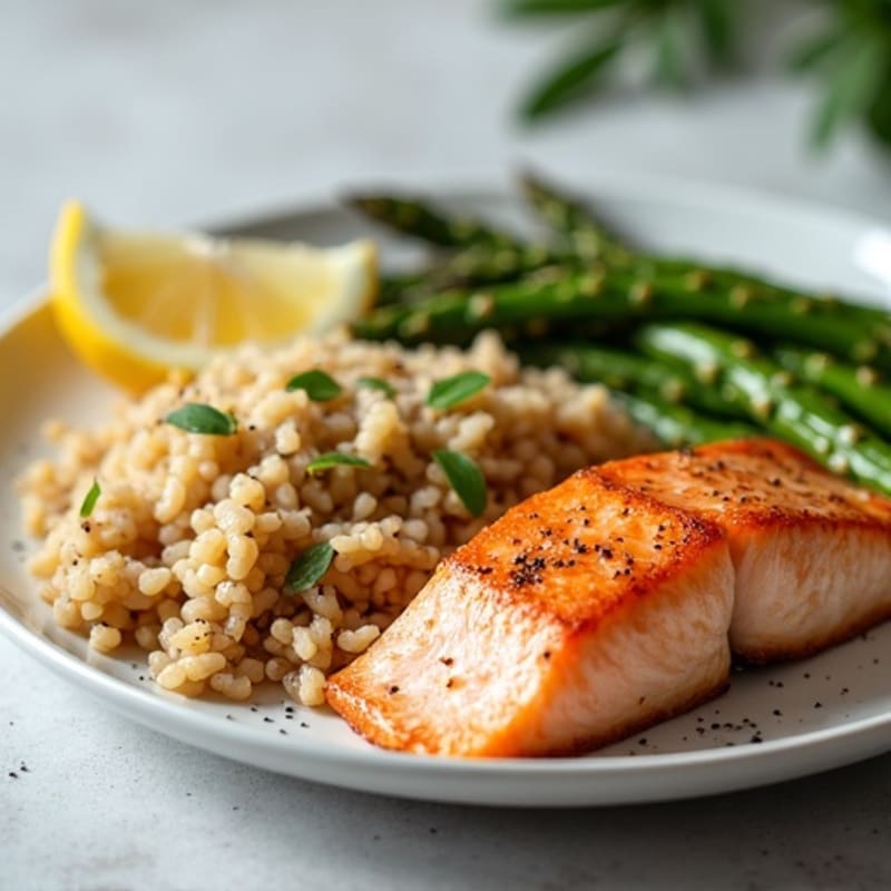 Seared Salmon with Steamed Asparagus and Brown Rice