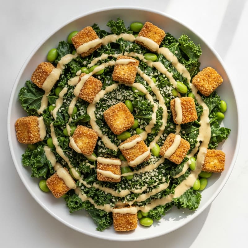 Crispy Tofu and Edamame Power Salad with Lemon Tahini Dressing