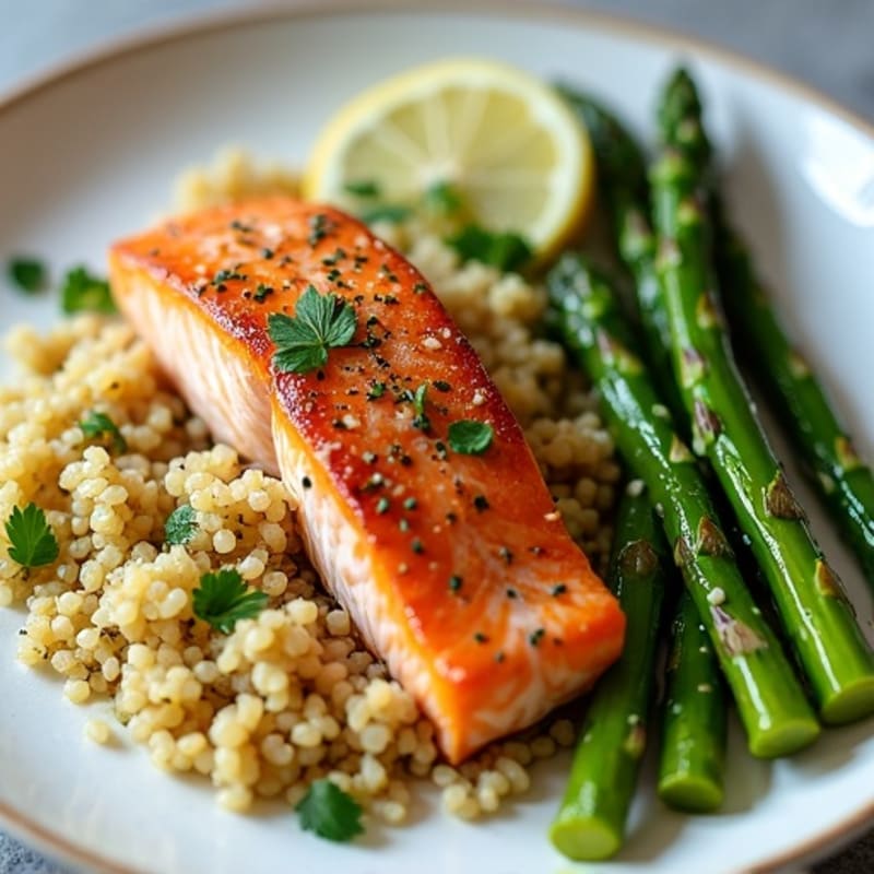 Crispy Pan-Seared Salmon with Lemon-Herb Quinoa and Roasted Asparagus