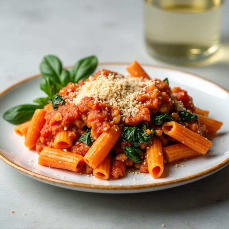 Lean Ground Beef Baked Ziti with Spinach