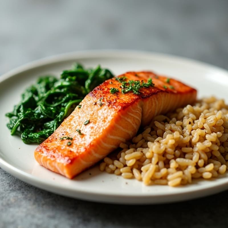 Seared Salmon Fillet with Garlic Spinach and Brown Rice