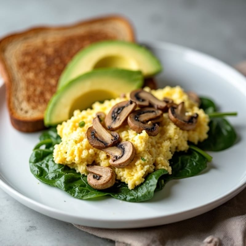 Egg White and Turkey Spinach Scramble with Sautéed Mushrooms, Avocado & Toast