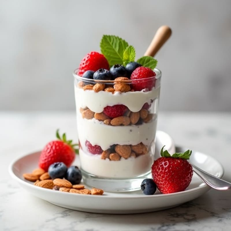 Greek Yogurt Parfait with Crunchy Almonds and Fresh Berries