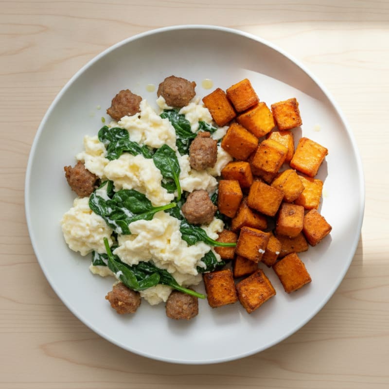 Egg White Spinach Scramble with Turkey Sausage and Roasted Sweet Potato