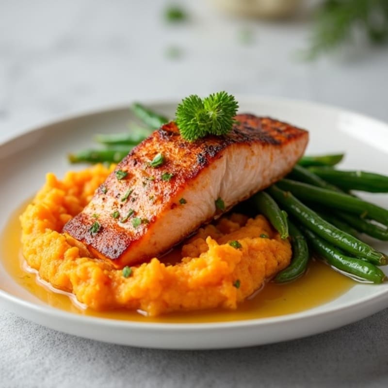 Seared Salmon with Steamed Green Beans and Sweet Potato Mash