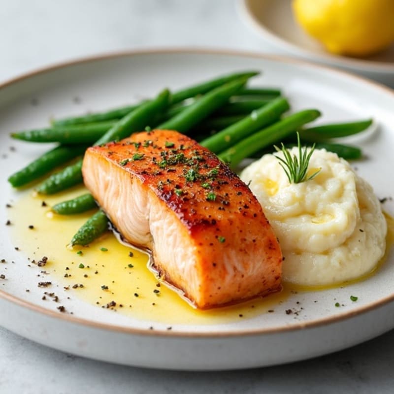 Seared Salmon with Garlic Green Beans and Cauliflower Mash