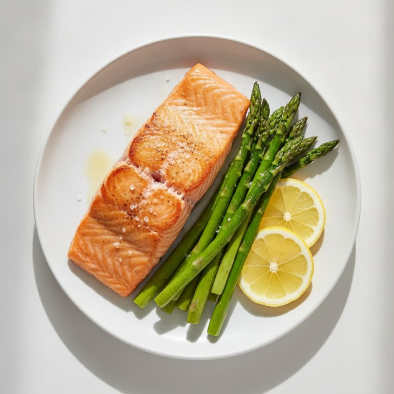 Seared Salmon Fillet with Roasted Asparagus and Lemon