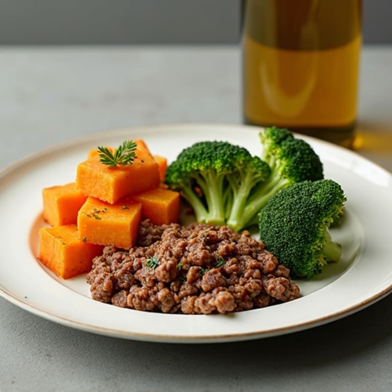 Lean Ground Beef and Crispy Roasted Broccoli with Sweet Potato