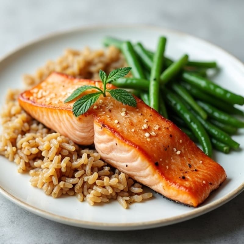Seared Salmon with Garlic Green Beans and Brown Rice
