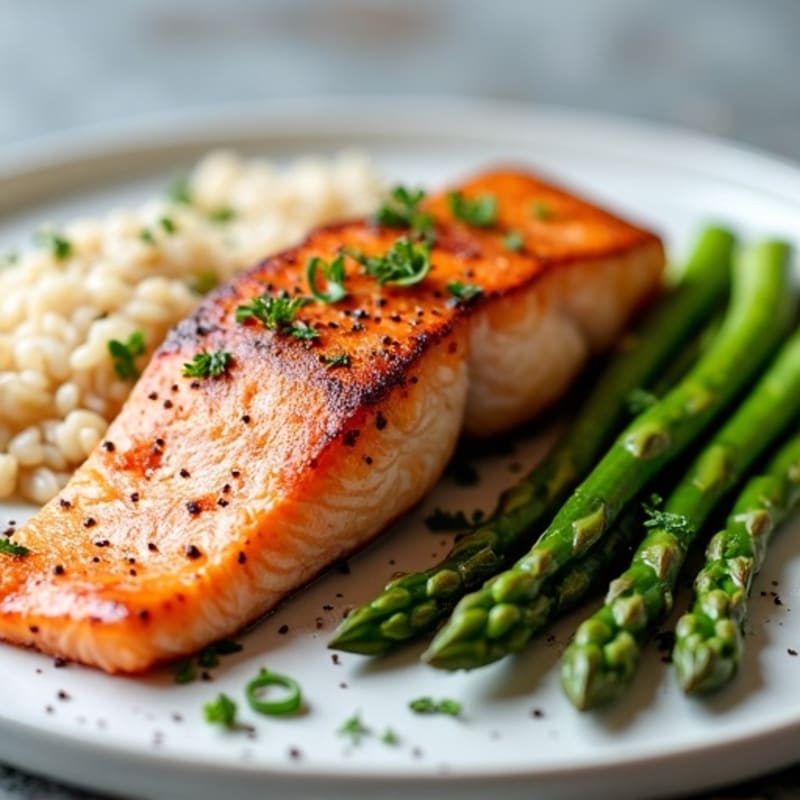 Seared Salmon with Steamed Asparagus and Wild Rice