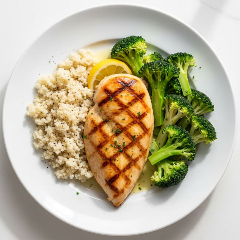Grilled Chicken Breast with Steamed Broccoli and Quinoa