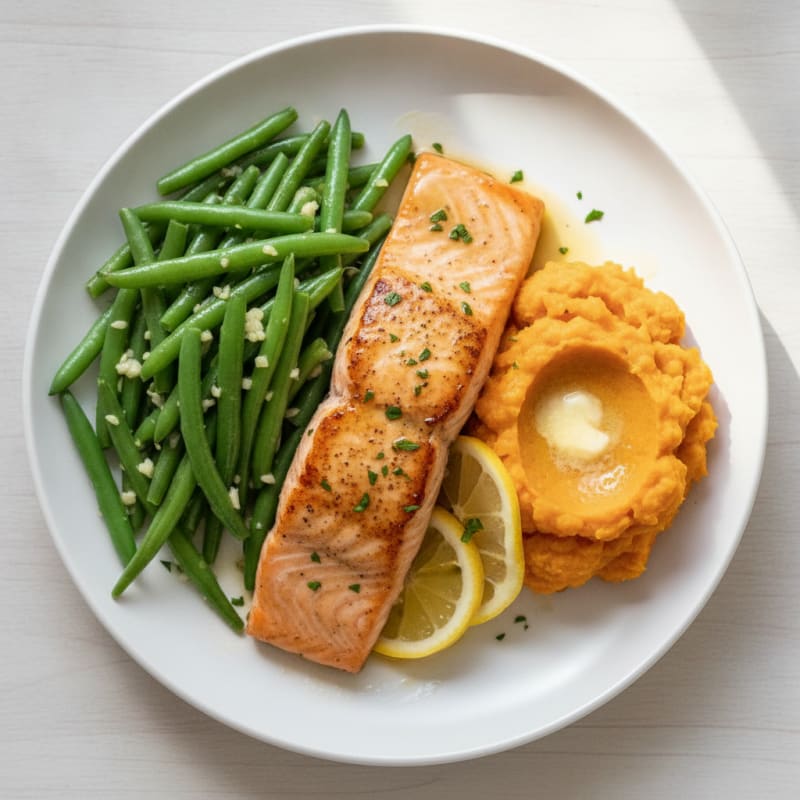 Seared Salmon with Garlic Green Beans and Sweet Potato Mash