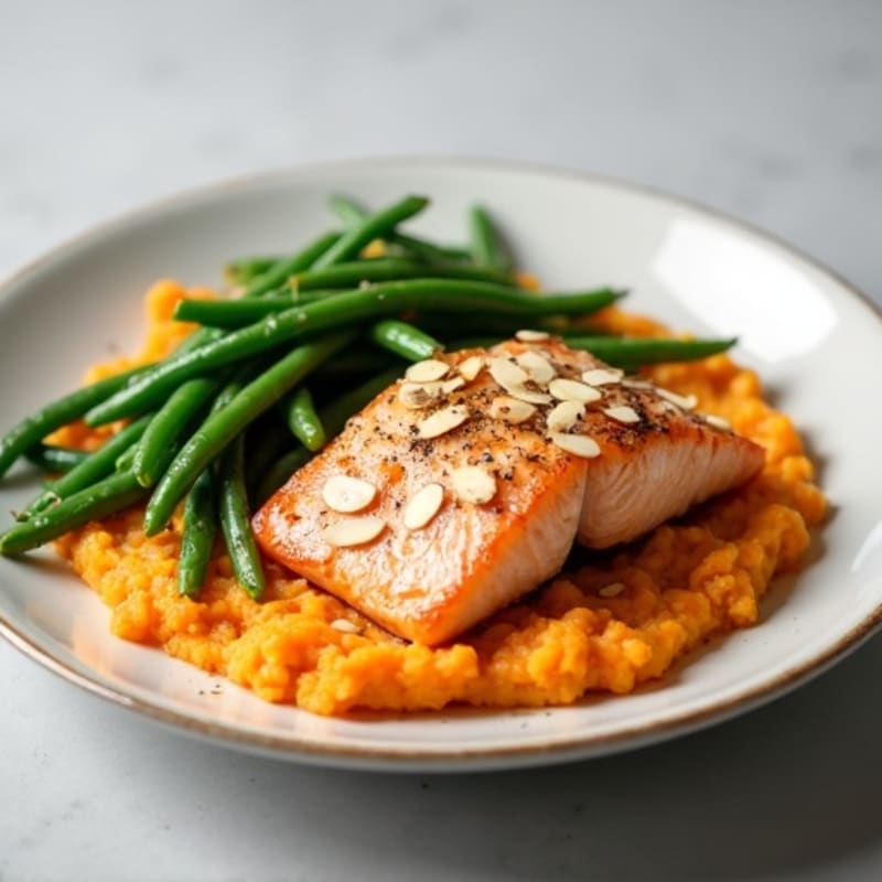 Baked Salmon with Garlic Green Beans and Sweet Potato Mash