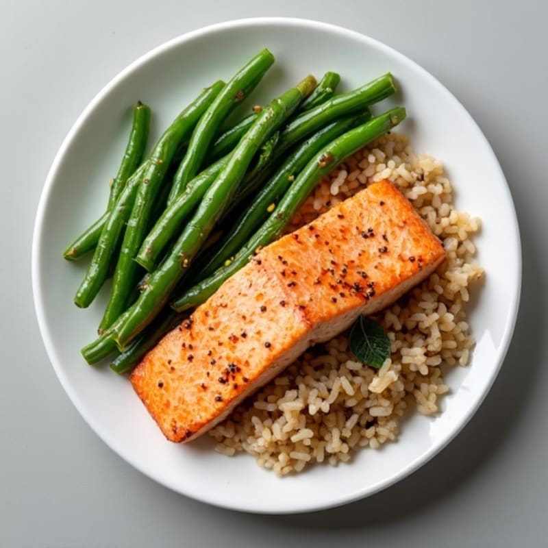 Seared Salmon Fillet with Garlic Green Beans and Brown Rice