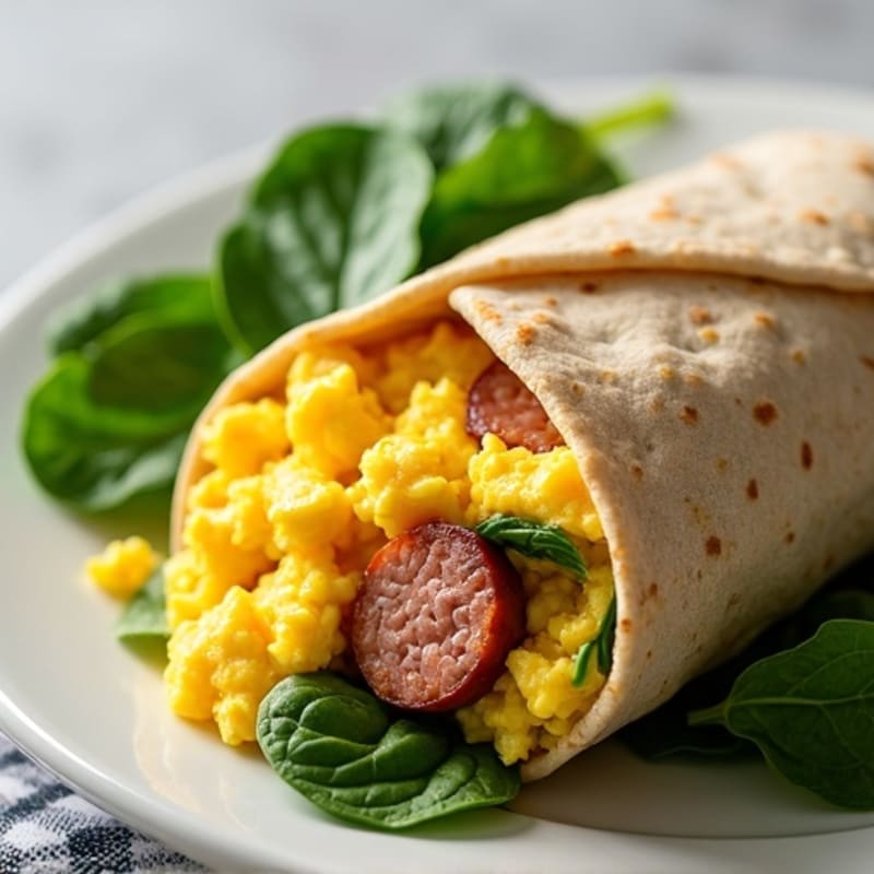 Fluffy Scrambled Egg and Turkey Sausage Whole Wheat Burrito with Fresh Spinach