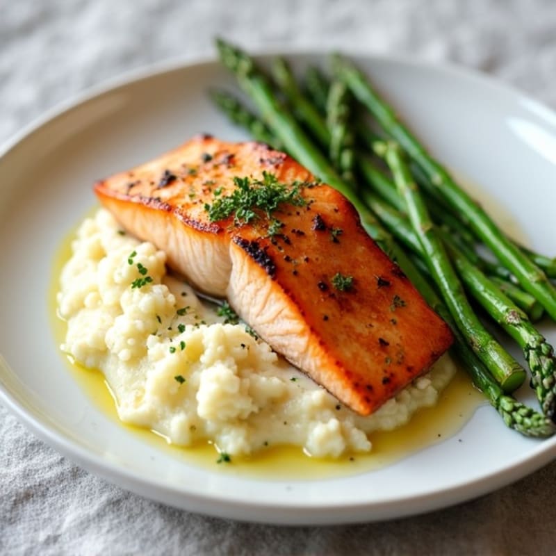 Seared Salmon with Steamed Asparagus and Cauliflower Mash