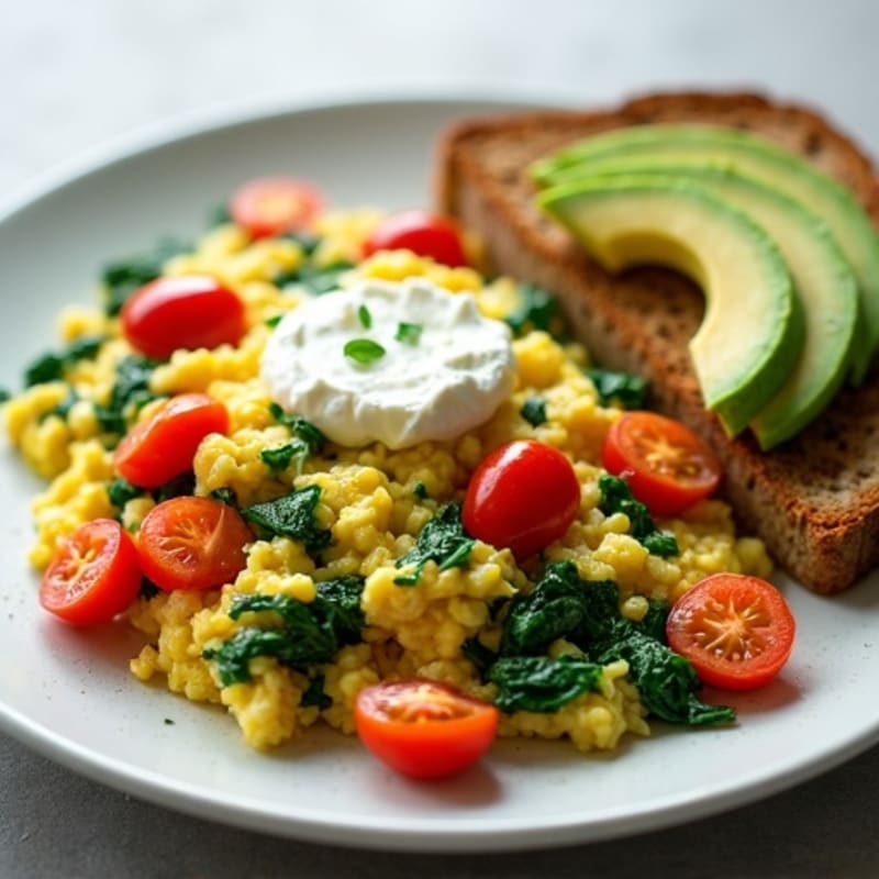 Egg White and Spinach Scramble with Cottage Cheese, Cherry Tomatoes, Toast & Avocado