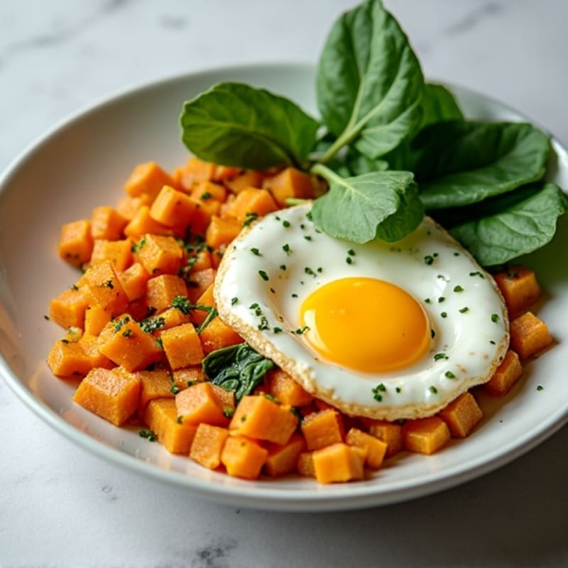 Protein-Packed Scrambled Eggs with Roasted Sweet Potatoes and Spinach