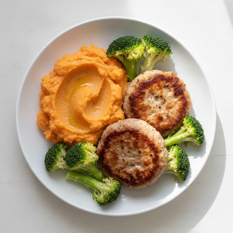 Seared Turkey Patties with Steamed Broccoli and Sweet Potato Mash