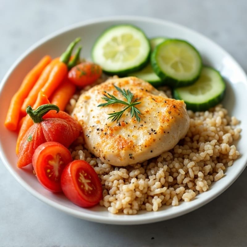 Lemon Herb Chicken with Brown Rice and Fresh Cucumber Tomato Carrot Salad
