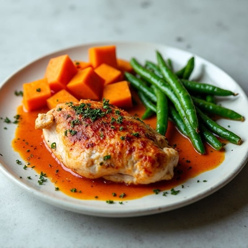 Spicy Harissa Roasted Chicken with Tender Sweet Potatoes and Crisp Green Beans