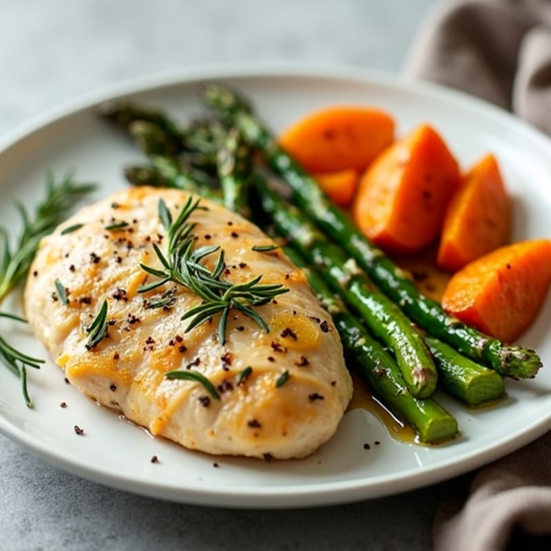 Sheet Pan Lemon Herb Chicken with Roasted Asparagus and Crispy Sweet Potatoes