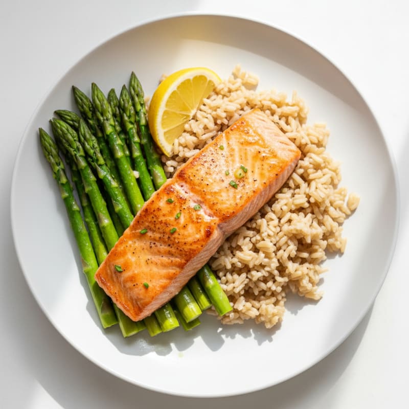 Seared Salmon Fillet with Steamed Asparagus and Brown Rice