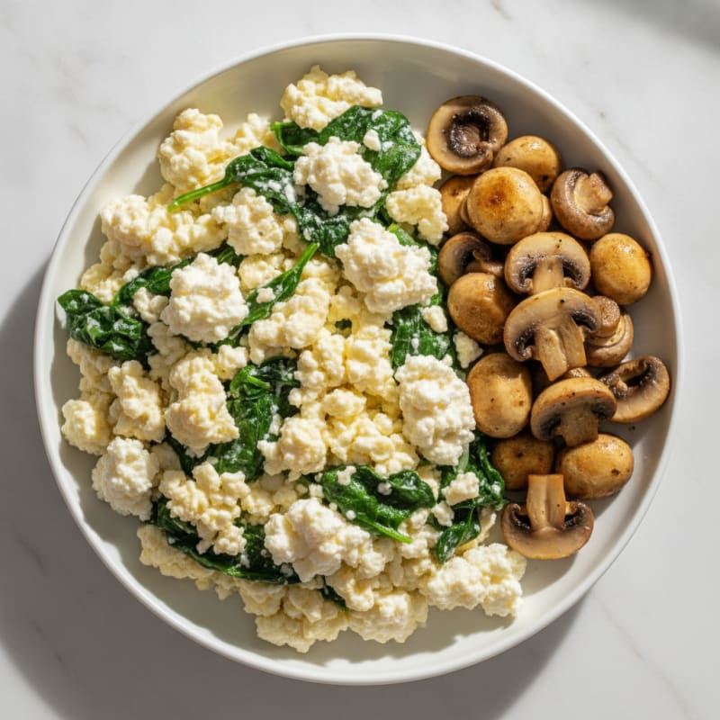 Egg White Spinach Scramble with Cottage Cheese and Sautéed Mushrooms