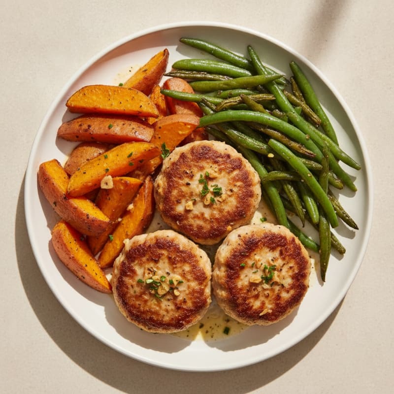 Seared Turkey Patties with Roasted Sweet Potato and Green Beans